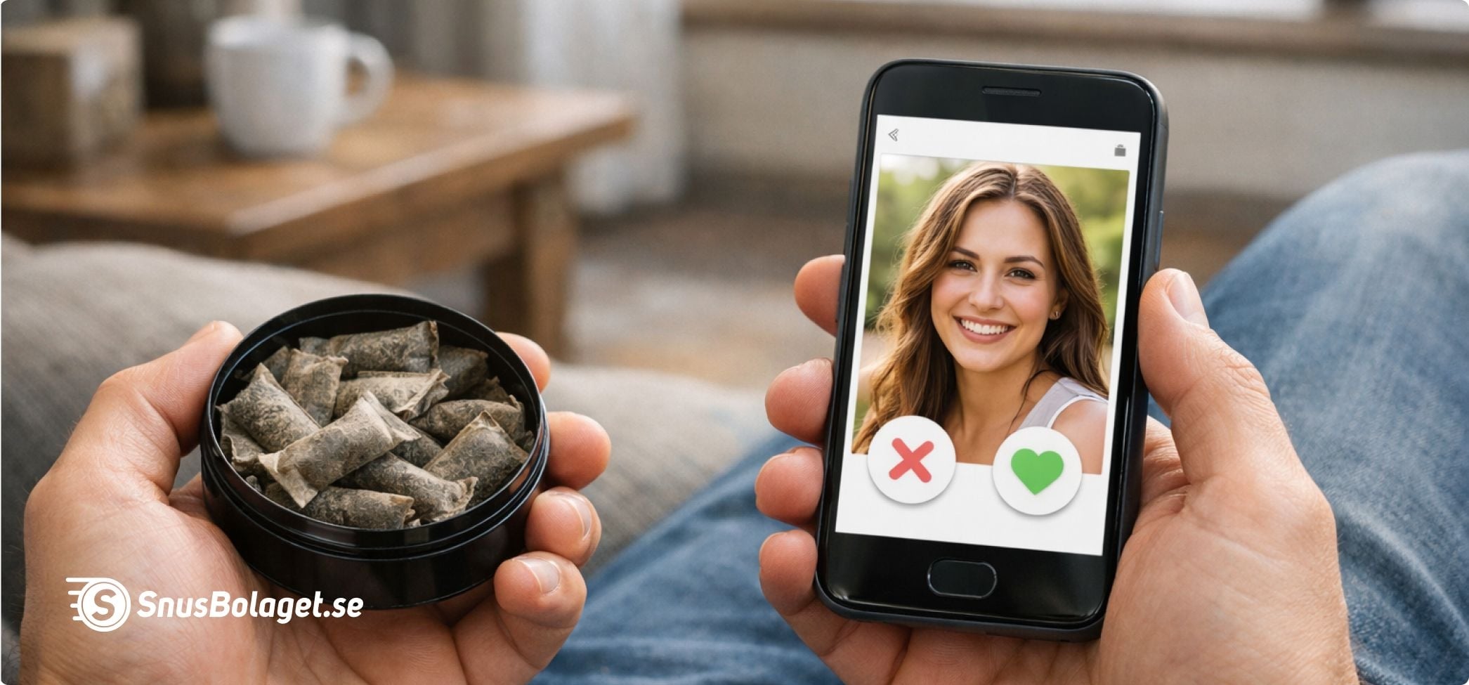 en öppen snusdosa i ena handen och tinder profil med iphone i andra handen