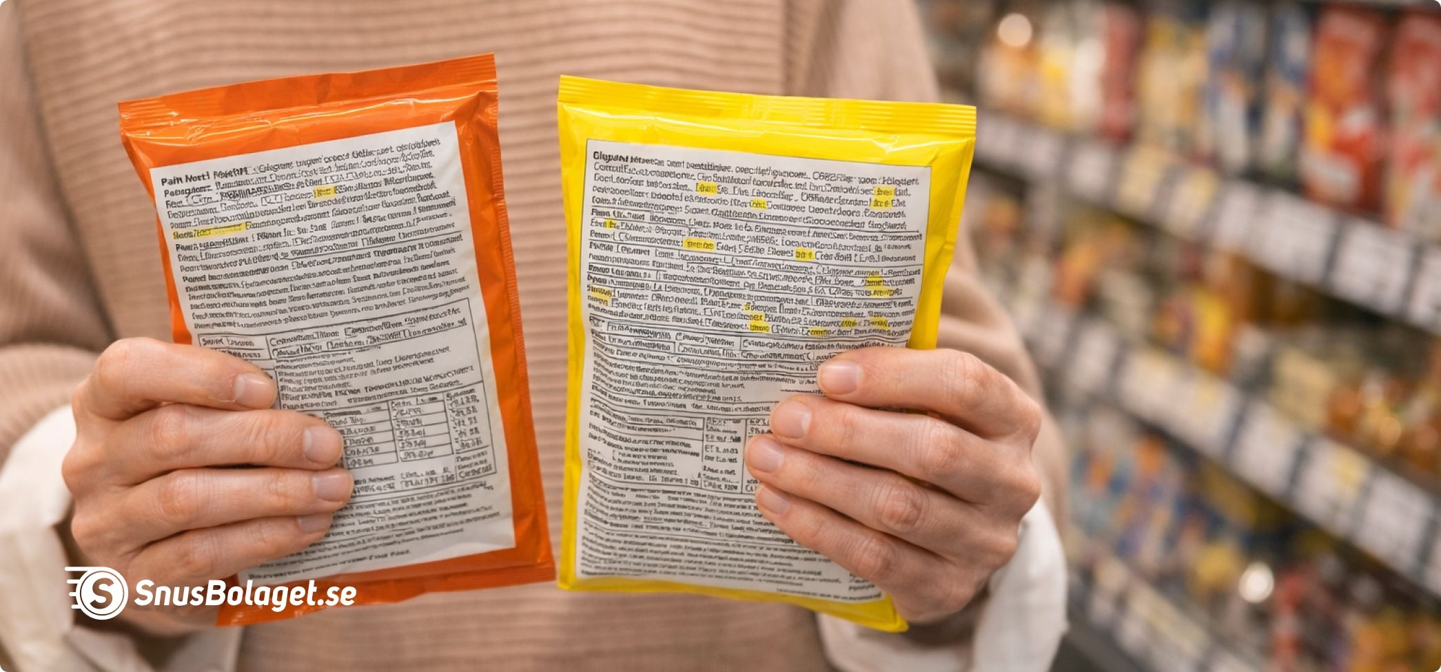 person som jämför innehållsförteckning på matvaror - e-ämnen i snus