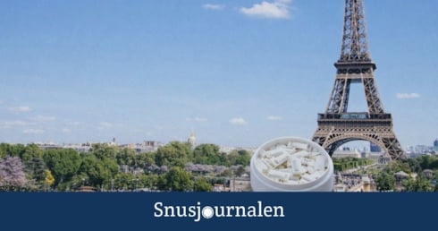 En dosa nikotinpåse bredvid eiffeltornet i Paris - vitt snus förbjuds i Frankrike 1 april 2026