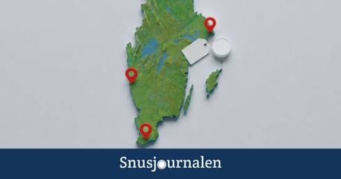 Karta på Malmö, Göteborg och Stockholm och en snusdosa med prislapp - Snuspriser 2026