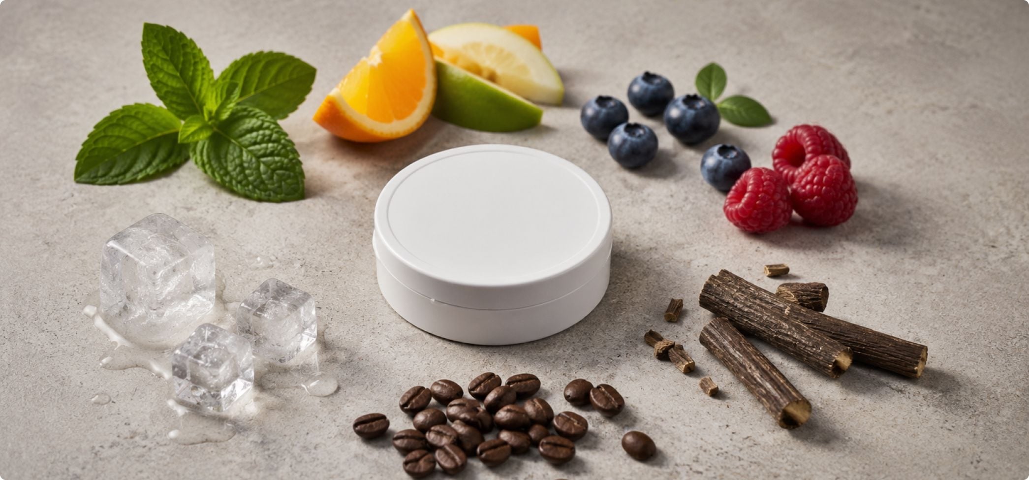 Frukt, bär, kaffe, mint - vitt snus smaker