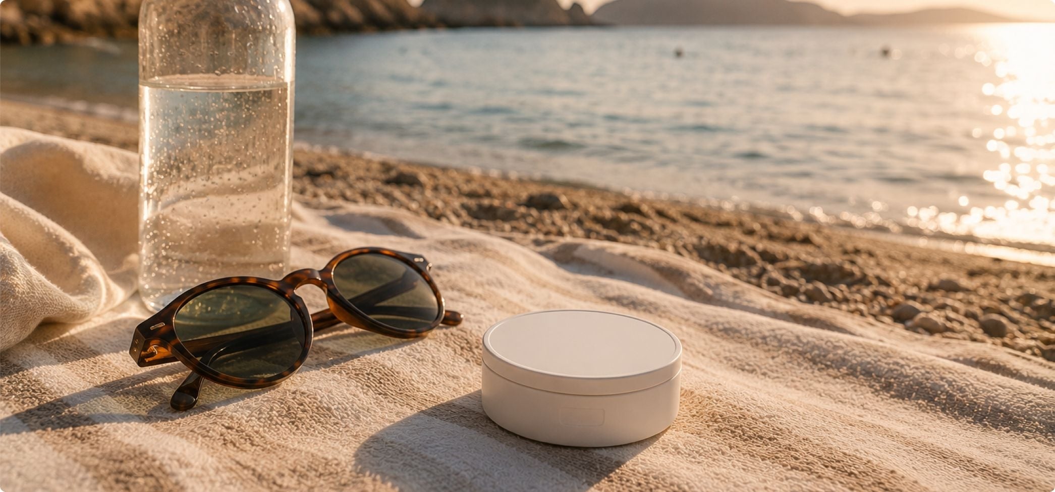 Snus och solglasögon på en badhandduk på stranden