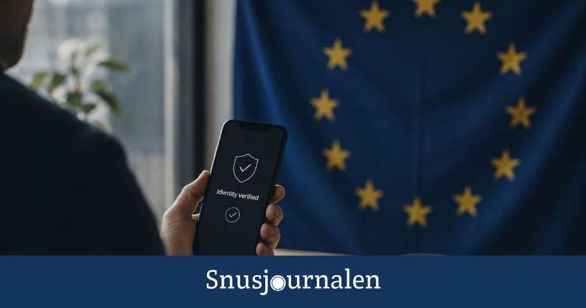 Åldersverifiering på mobil och en EU flagga i bakgrunden