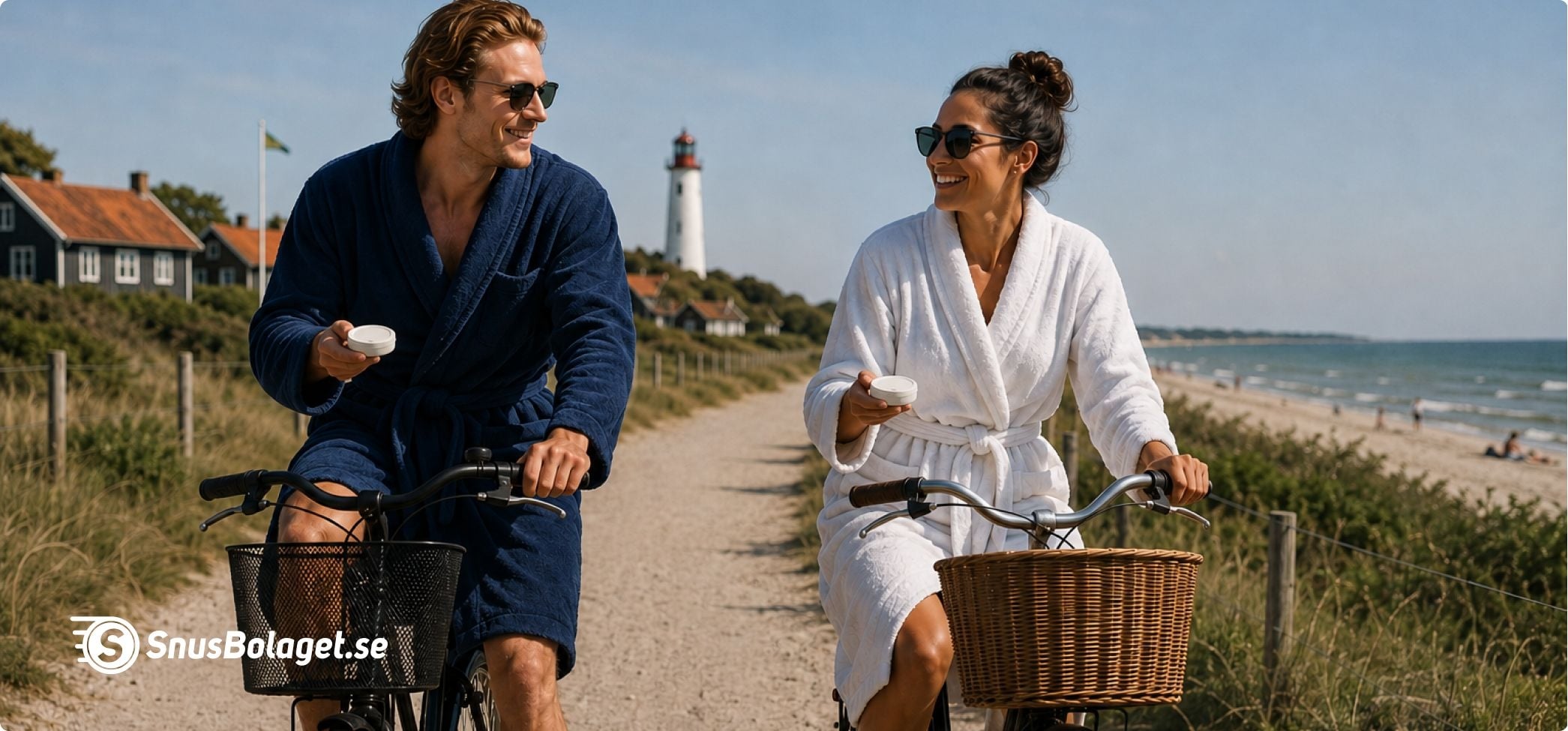 En man och en kvinna cyklar på stranden i skåne med en snusdosa i handen.