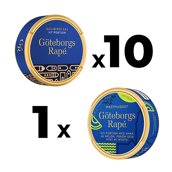 10 Göteborgs Rapé Gullbergs Kaj White Portionssnus + 1 Göteborgs Rapé Masthugget Mixpack